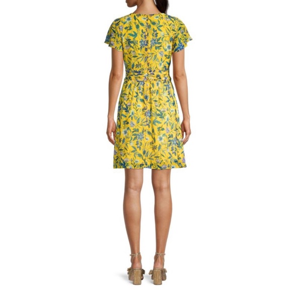 Sam Edelman Bright Yellow Floral Wrap Waist Knee Length Fully Lined Dres… - Picture 2 of 13